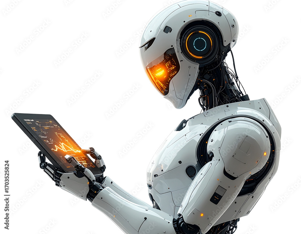 Fototapeta premium AI Robot with Market Analytics, Side Profile, Isolated.