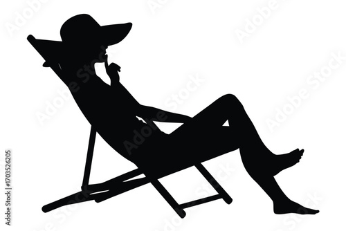 Dark silhouette shows a woman resting in a chair with a hat on her head
