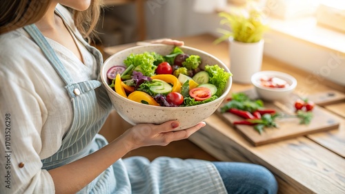 Enhancing healthy eating habits with fresh salad preparation in a cozy kitchen setting