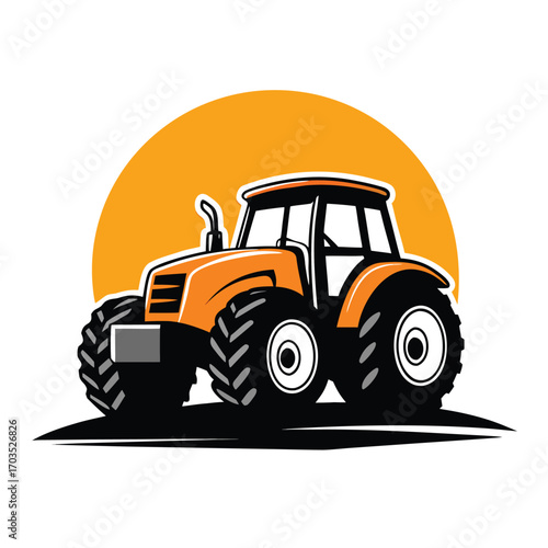Orange vintage tractor sits powerfully against a bright golden sun backdrop on a white canvas