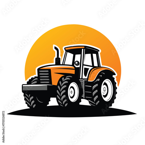 Bold orange tractor stands proudly against the stylized yellow sunset background