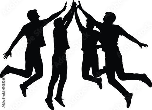 Silhouette of Four Young Men Jumping and High-Fiving in Celebration, Team Spirit, Friendship, Joyful Moment, Energy, Unity Concept Vector