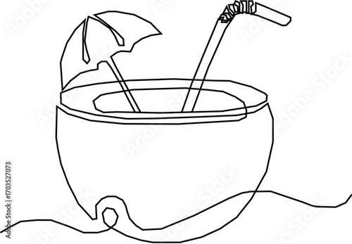 Continuous one line drawing of Beach cocktail linear coconut drink. Thin hand drawn illustration. Pina colada cocktail, on white background.