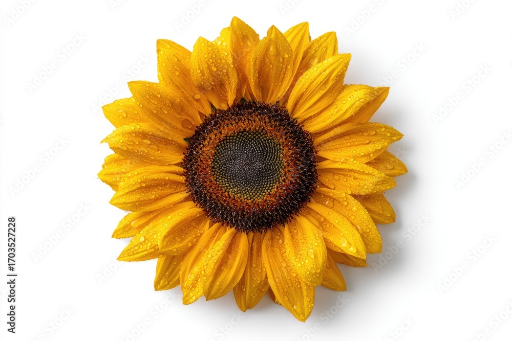 Fototapeta premium A vibrant yellow sunflower with dew drops on its petals, isolated on a white background, viewed from directly above