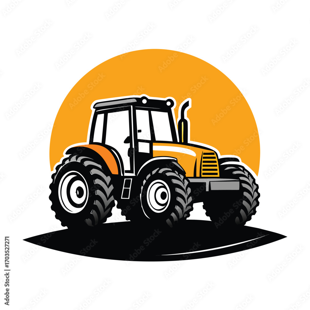Fototapeta premium A stylized shows a yellow tractor over a dark silhouette and sunrise