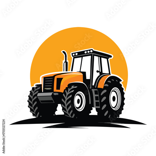 Striking orange tractor boldly stands against a large yellow sun disk illustration