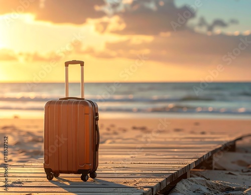 Orange Suitcase on Beach at Sunset - Travel and Vacation Concept