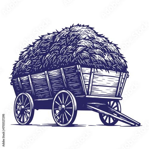 A rustic engraved illustration of a hay wagon loaded with freshly cut hay