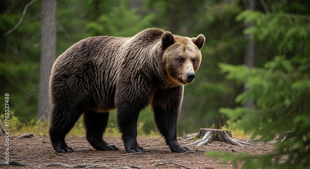 Fototapeta premium Majestic brown bear standing in a lush green forest environment.