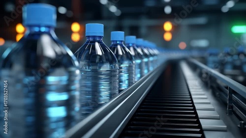 Wallpaper Mural Plastic bottled water with blue caps moving on conveyor belt in an automated factory, emphasizing beverage packaging, hydration, and large-scale production. Torontodigital.ca
