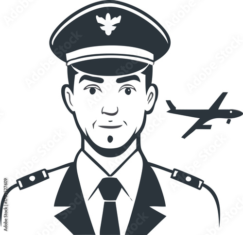 Dark silhouette of male pilot with airplane showcases aviation and travel theme icon