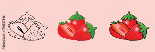 Strawberries in outline, flat, and realistic styles on pink background.