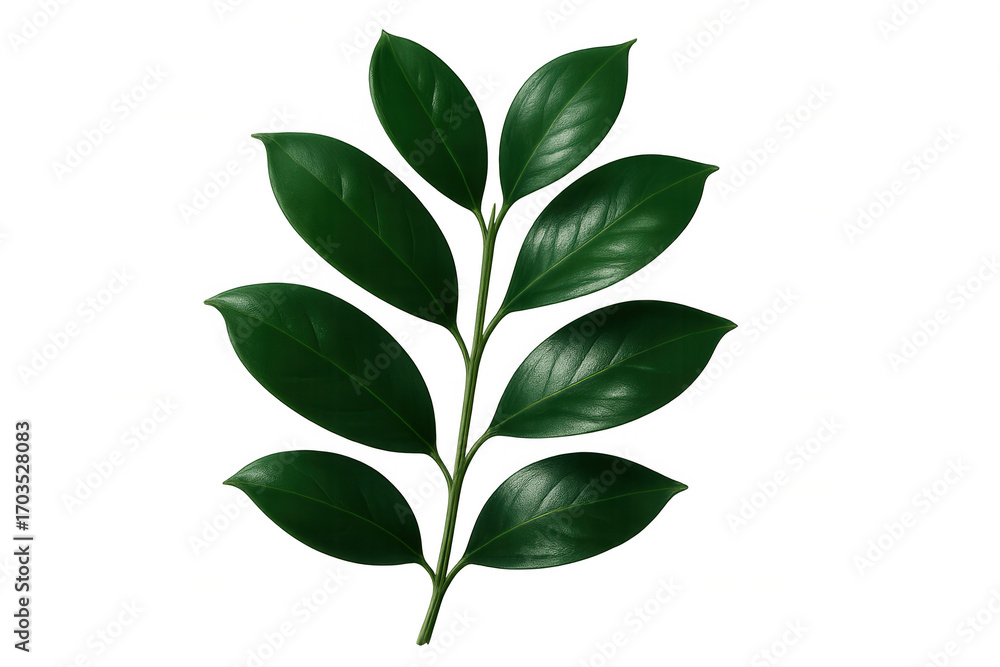 Obraz premium Green leafy branch photographed in studio setting, isolated on clear backdrop, emphasizing botanical detail and verdant freshness