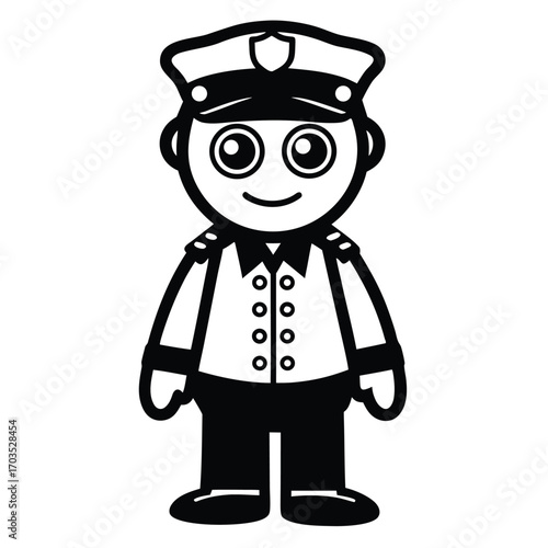 Cartoon officer stands facing front, his features outlined in black against the white background