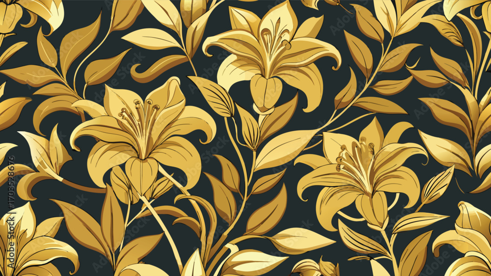 Fototapeta premium Golden lilies and leaves pattern on dark background floral