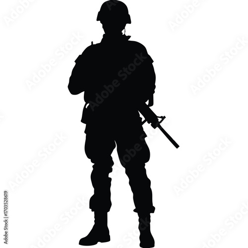 Silhouette shows soldier wearing helmet, military uniform, holding rifle, and standing in a static pose