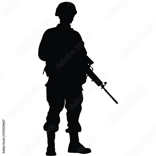 Silhouette depicts armed soldier in combat helmet, holding rifle, in a standing position