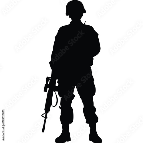 Silhouette shows a standing soldier holding a rifle, displaying strength and readiness on duty
