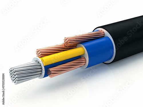Detailed electrical cable cross section showcasing core wires of copper, aluminum, and insulation