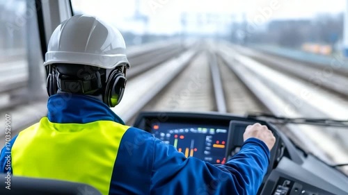 Train operator navigates railway tracks from the cab during daytime
