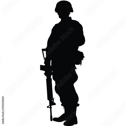 Black silhouette of a helmeted soldier holding a rifle stands at attention over white