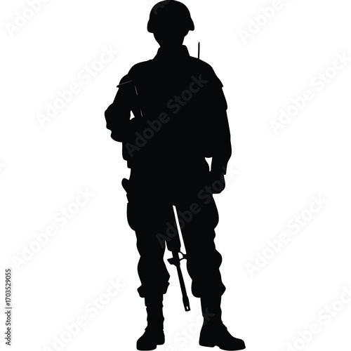Silhouette depicts armed soldier in helmet standing at attention against a white background