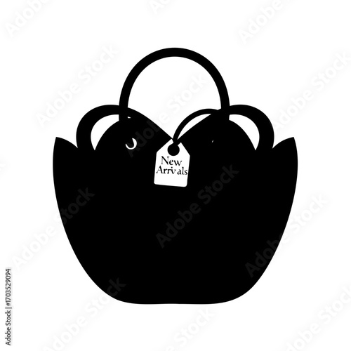 Silhouette of a uniquely shaped handbag with a New Arrivals tag attached