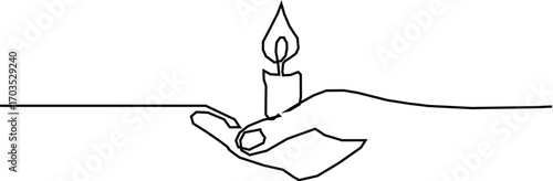 Continuous one line drawing of hand holding burning candle, Hand holding burning candle Continuous one line drawing, candlelight, fire, flame.