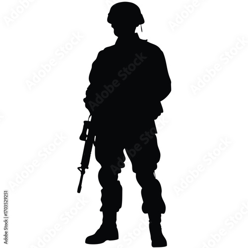 Black silhouette shows a soldier standing with a rifle wearing military gear on white