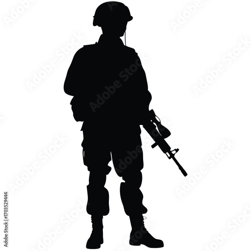 Soldier silhouette stands holding rifle in full gear prepared and confident for duty or action