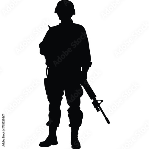 Silhouette depicts standing soldier holding rifle while wearing military uniform and helmet