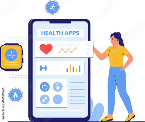 Illustration of Digital Health Apps and Mobile Healthcare. Woman Using a Smartphone for Wellness Monitoring and Medical Data Management