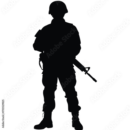Black silhouette shows a soldier standing and holding a rifle, with helmet gear