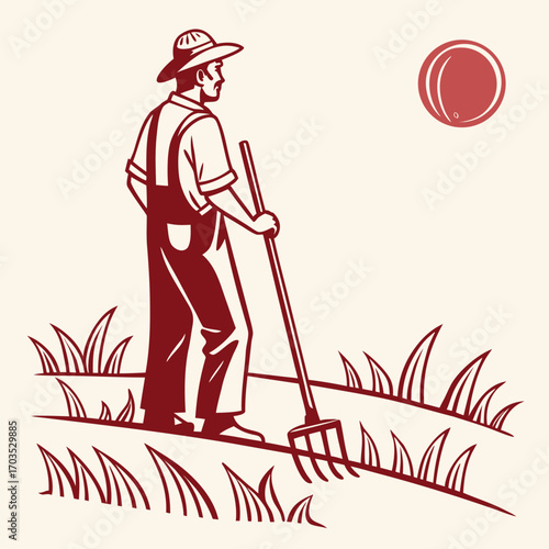 Farmer in overalls handles a garden pitchfork under the sun illustration in rustic style