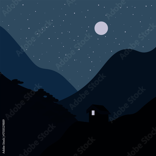 Dark night landscape with moon and stars above a solitary house vector
