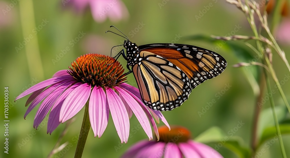Fototapeta premium Monarch Butterfly on Purple Coneflower in Garden.