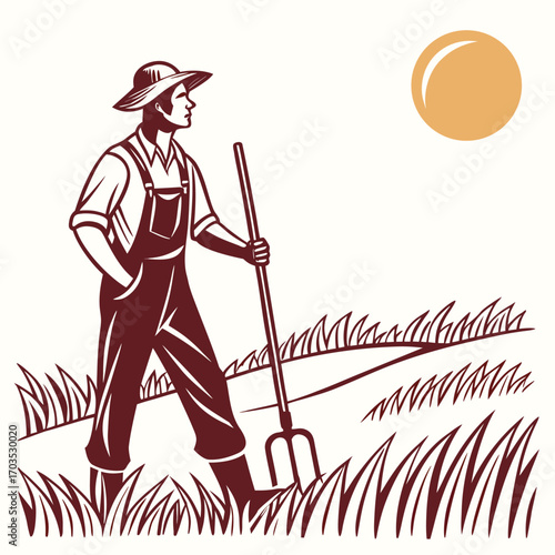Caucasian farmer wearing overalls stands thoughtfully holding his pitchfork under the yellow sun