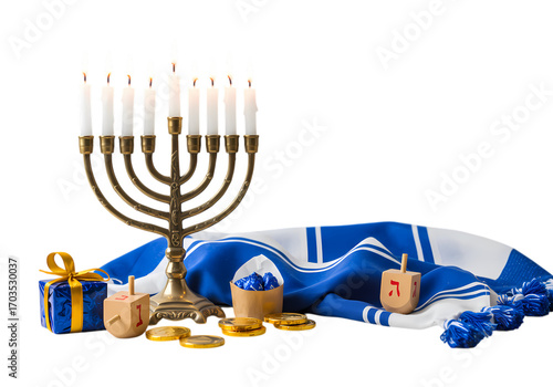 Menorah Dreidels Gifts and Tallit for Hanukkah Celebration isolated on transparent background
