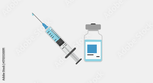 A medical syringe with a hypodermic needle and a vial containing a vaccine or medicine for injection, representing immunization and healthcare