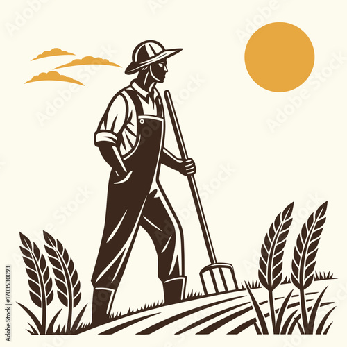 Farmer in overalls holds a pitchfork and walks through a wheat field on a sunny day