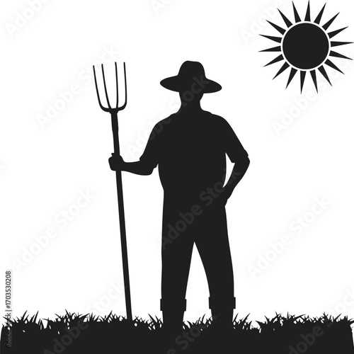Silhouette farmer wearing a hat holds fork over grass under sun, creating an agricultural scene