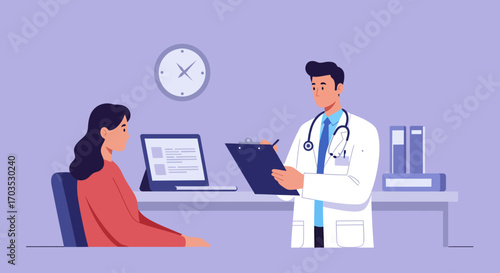 Doctor with clipboard and stethoscope consulting a female patient at a desk in a modern medical clinic. Healthcare and medicine vector illustration
