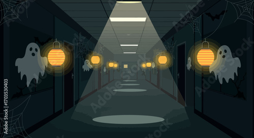 A long, dark, and spooky hallway decorated for a Halloween celebration with hanging ghosts and glowing jack-o'-lanterns