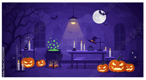 Spooky witch's laboratory on Halloween night with a bubbling cauldron, glowing jack-o'-lanterns, and magical potions under a full moon