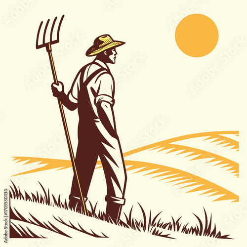 Man in overalls holds pitchfork, looking toward sunlit horizon across rural pasture land