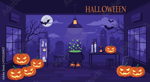 Vector illustration of a spooky room decorated for a Halloween celebration with a witch's cauldron and glowing jack-o'-lanterns