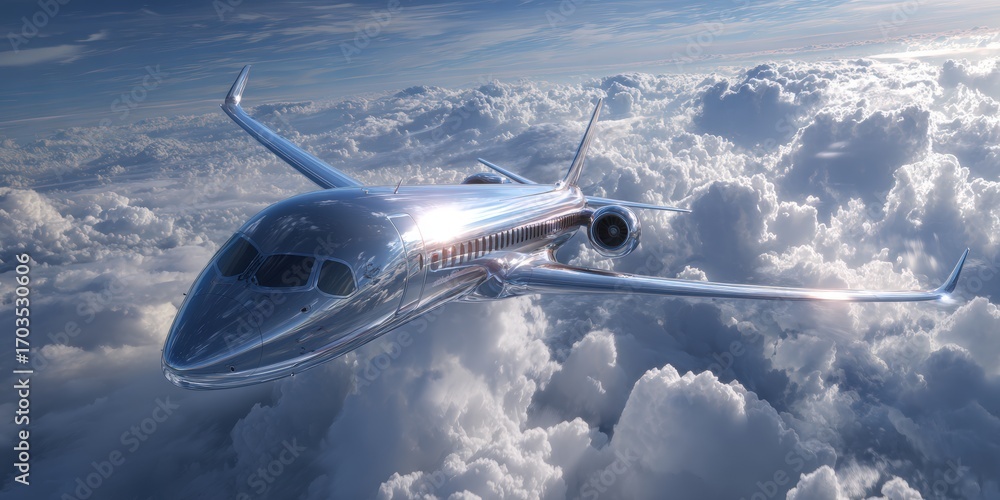 Fototapeta premium Shiny airplane soaring through fluffy clouds