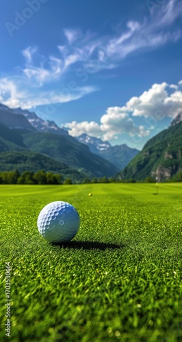A close-up of a golf ball on a lush green fairway with mountains and blue sky in the background