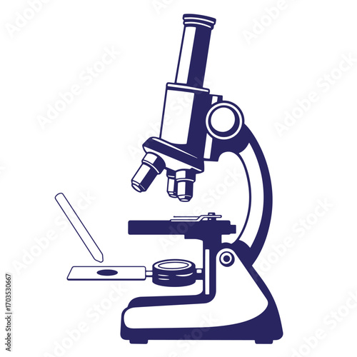 Detailed flat vector illustration of a classic laboratory microscope on white background