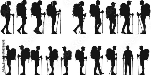 Silhouettes of hikers with backpacks, trekking poles, outdoor adventurers, male and female, standing and walking, isolated on white background